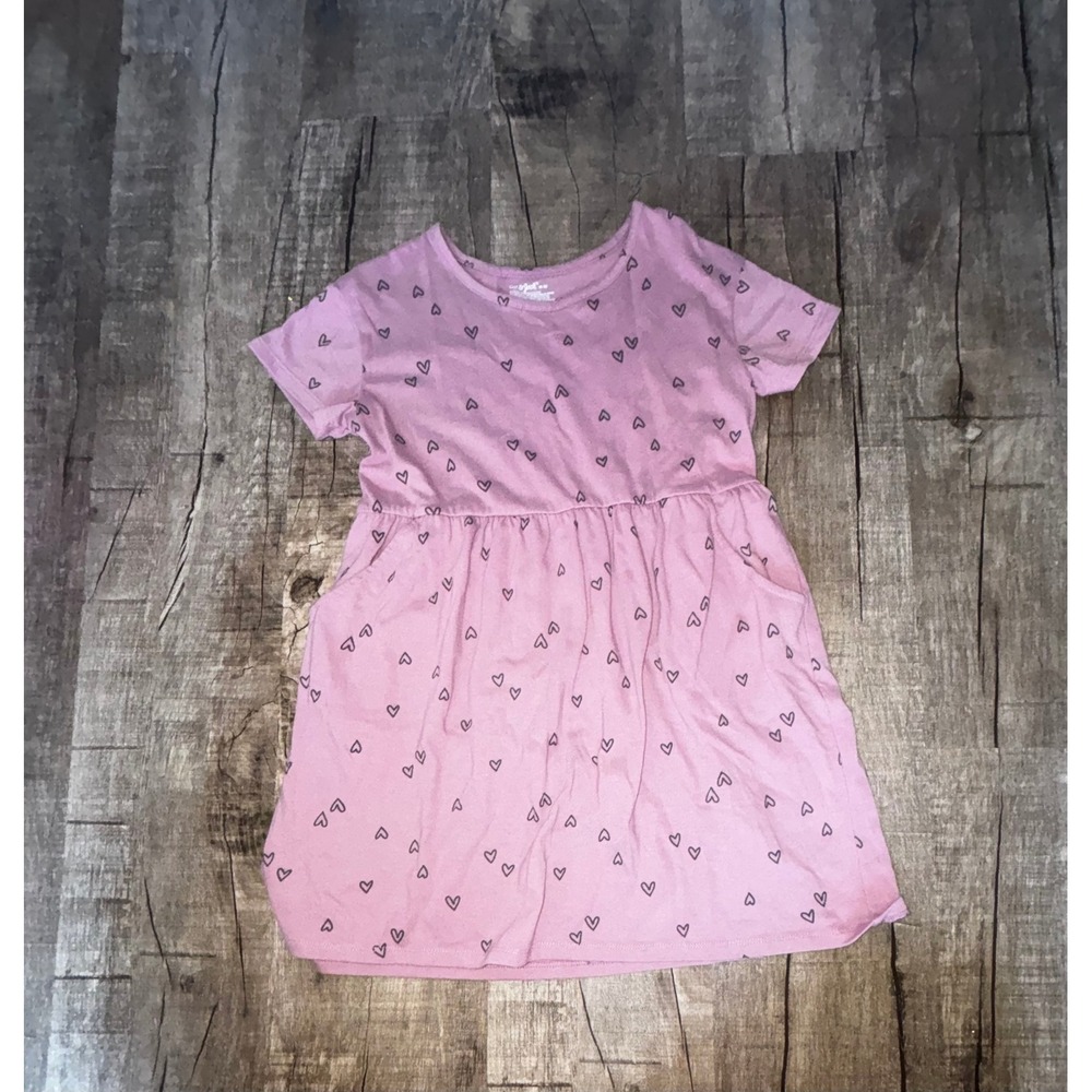 Cat & Jack Girls Pink Heart Print Short Sleeve Skater Dress with Pockets M 8